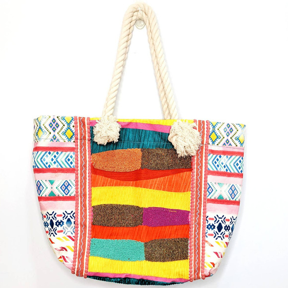 Casey Key Beaded Cotton Boho Bright Rainbow Multicolor Rope Tote Bag Purse - Picture 2 of 12